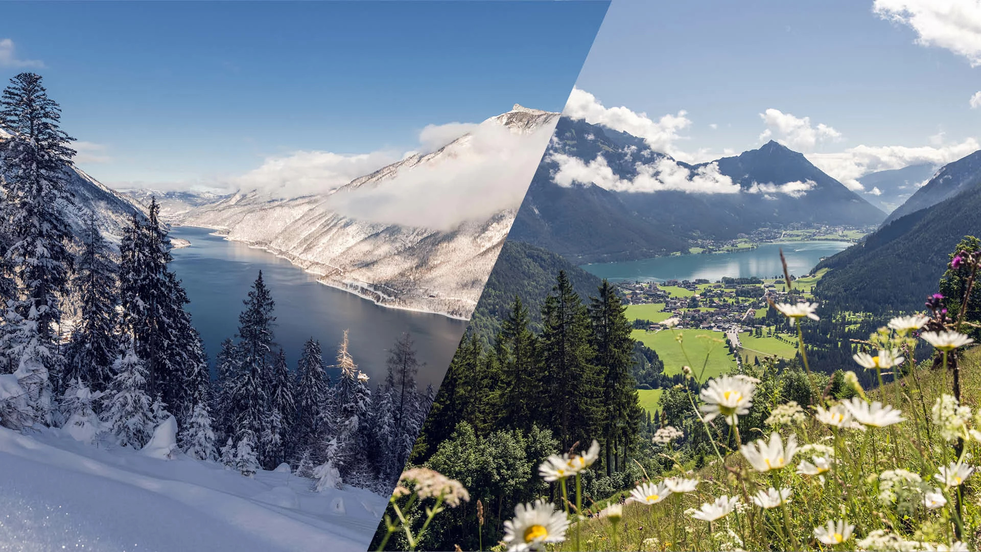 Links ein Winter und rechts ein Sommerbild der Region Achensee